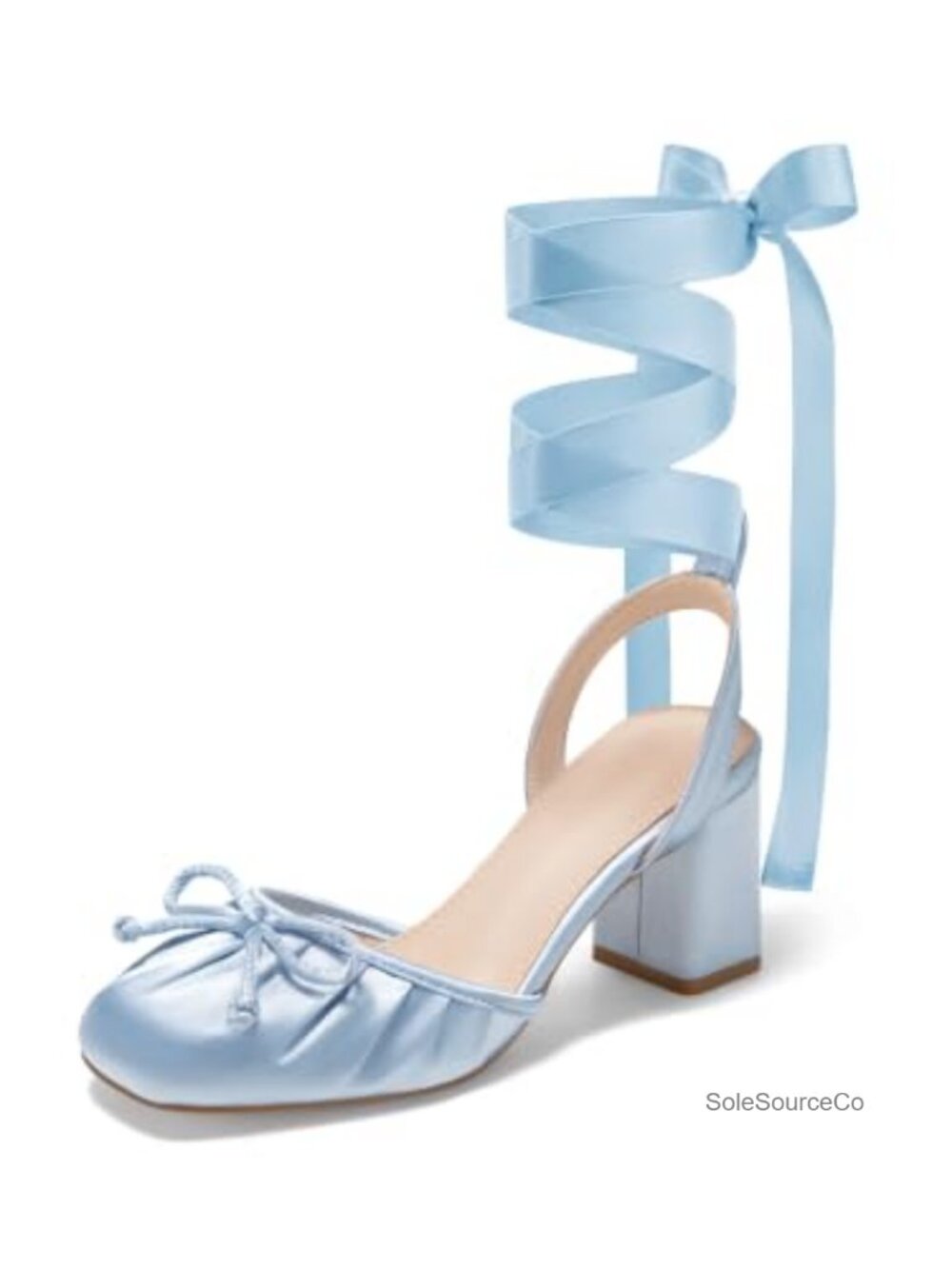 Coutgo Ballet Heels for Women Bow Closed Square Toe Chunky Heel Pumps Shoes